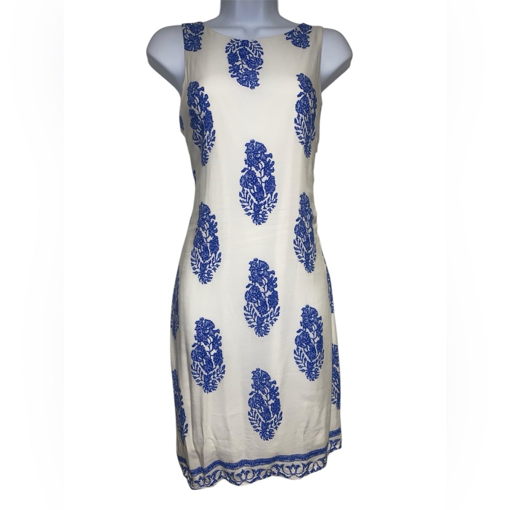 white and blue floral print mini dress